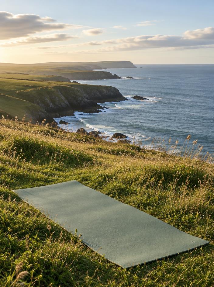 Yoga mat overlooking the peaceful Irish coastline