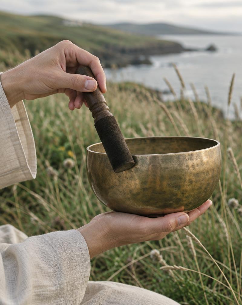 Hands playing a brass singing bowl beside the coast
