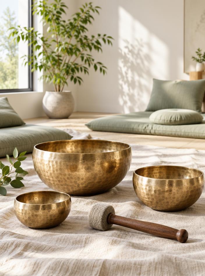 Brass singing bowls and sage cushions in a calm sunlit space