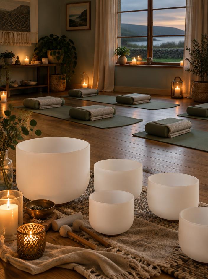 Singing bowls in a candlelit space